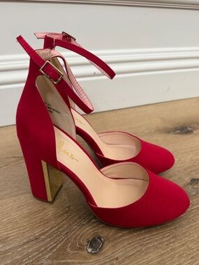 Red Suede Ankle-Strap Block Heels